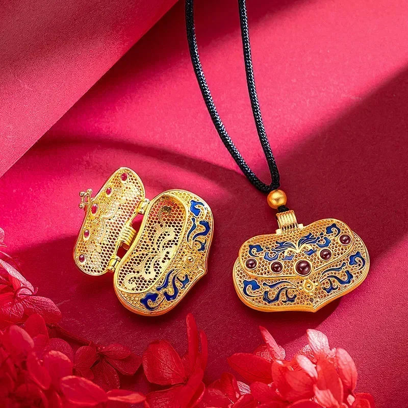 Eldorado Gold  9999 Real Gold 24K Ancient Filigree Hollow Enamel Bag Pendant Gold Ethnic Wind Filigree Burning Blue Can Be Opene