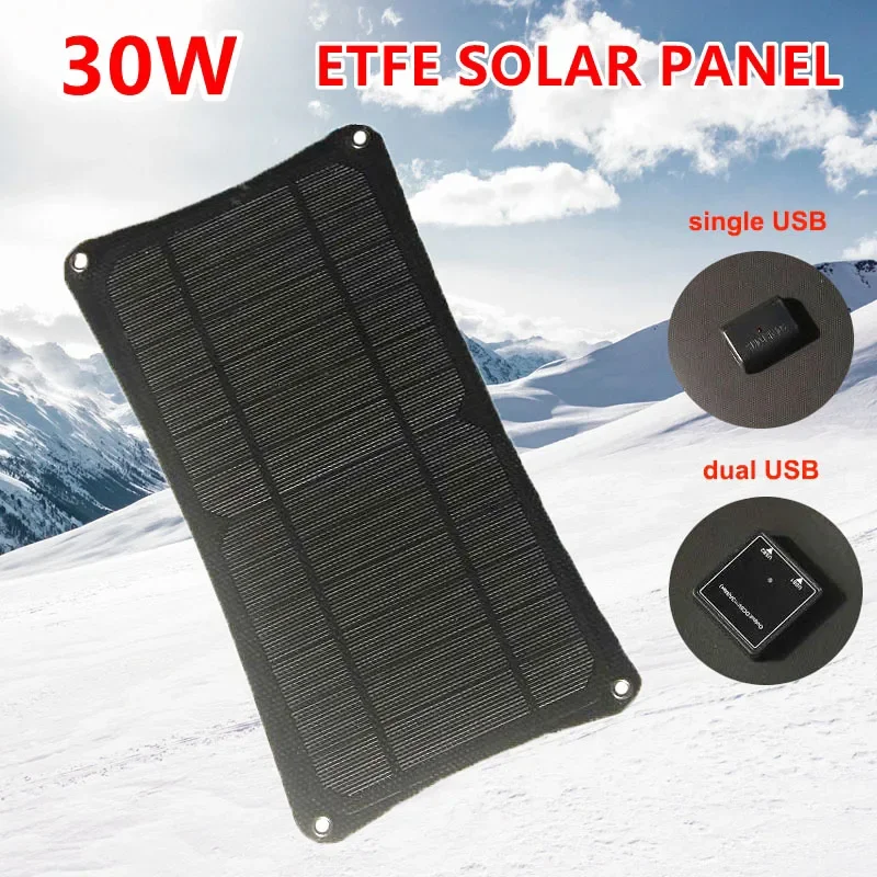 30W Solar Panel Dual/Single USB 5V Waterproof Solar Charger Portable Solar Cells Mobile Power Bank for Outdoor Camping Hiking