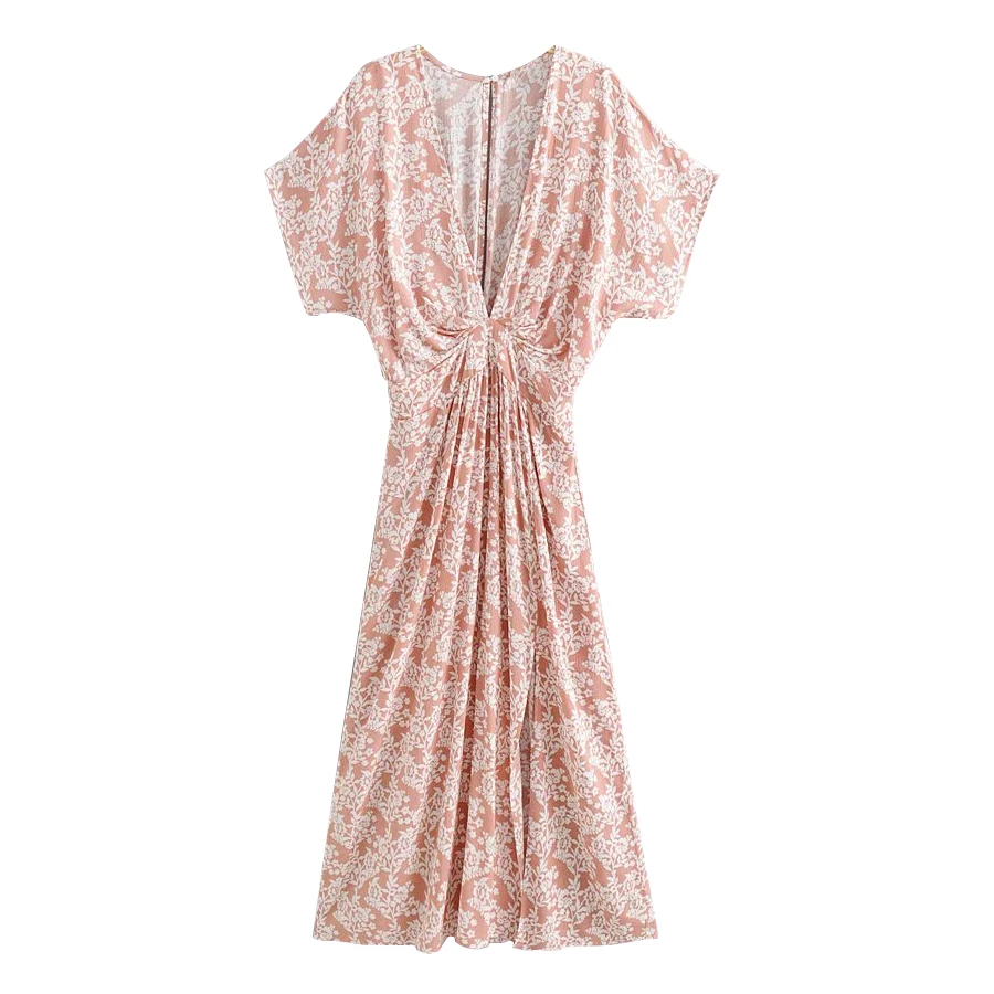 TEELYNN-Robe longue rose à fleurs pour femmes, sexy, décolleté en V profond, fendue sur le côté, style boho, vintage, éducatif, décontracté, plage, été, 2023