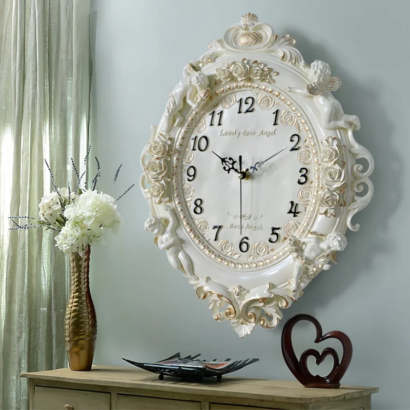 European Retro Wall Clock  Living Room Creative Art Clock - Resin Decorated Quartz Clock, Home Bedroom Silent Scanning Movement