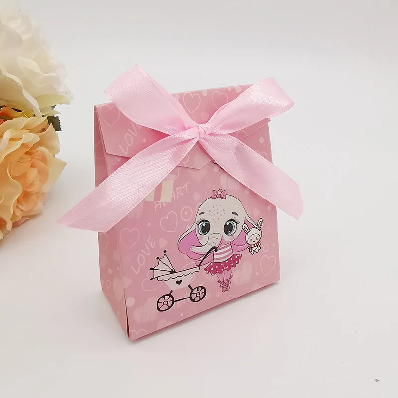10/20Pcs Baby Dusche Cartoon Süßigkeiten Geschenk Box Mit Band Elefanten Baby Kinderwagen Geburtstag Gunsten Geschenk Verpackung box Baby Souvenirs – Detail 4