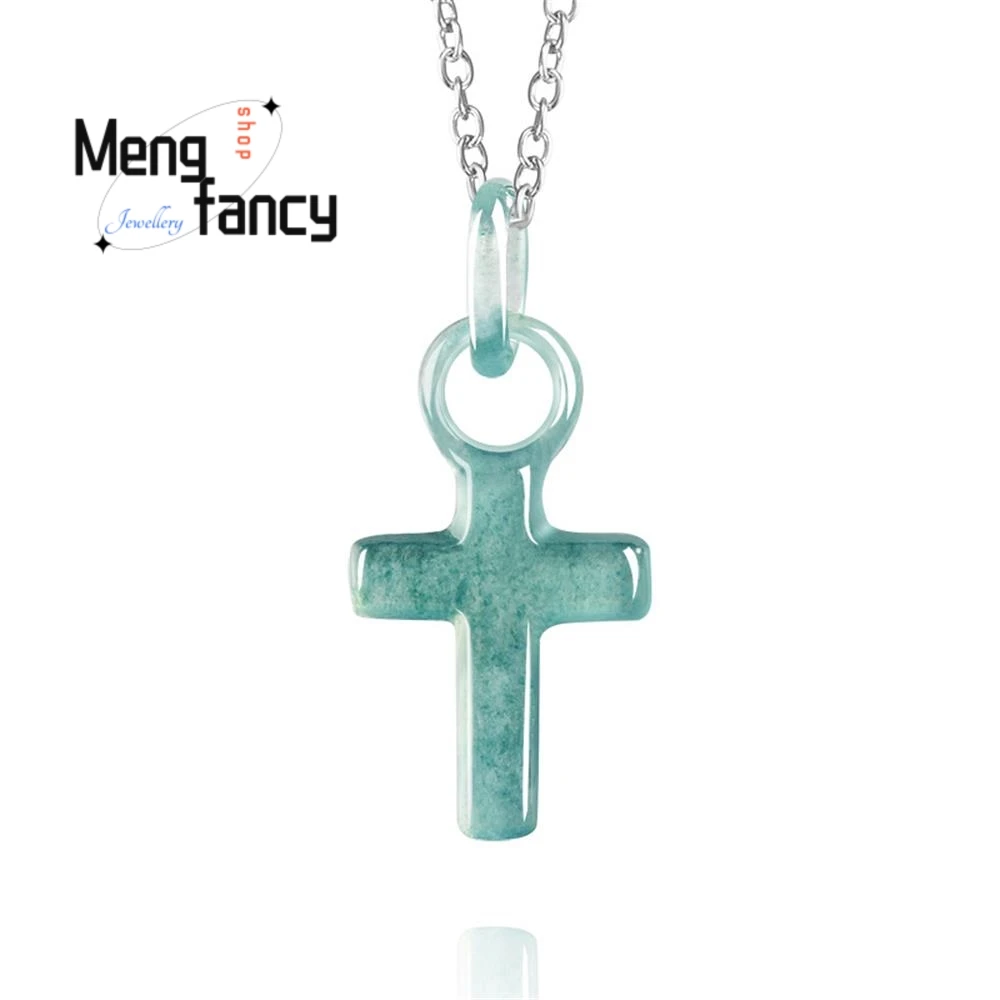 

Genuine Natural A-grade Jadeite Blue Water Cross Frame Ice seed Jade Pendant National Style Mascots High-grade Exquisite Jewelry