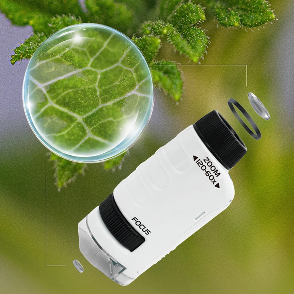 Kid Science Experiment Pocket Microscope Lab LED Light 60-120x Battery Powered Home School Biological Science Educational Toys