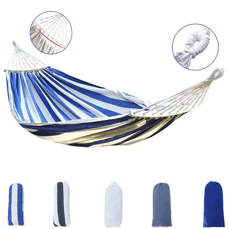 Outdoor Canvas Hammock Portable Single Double Thickened Anti-Rollover Striped Hammock Travel Camping Hanging Swing With Bag