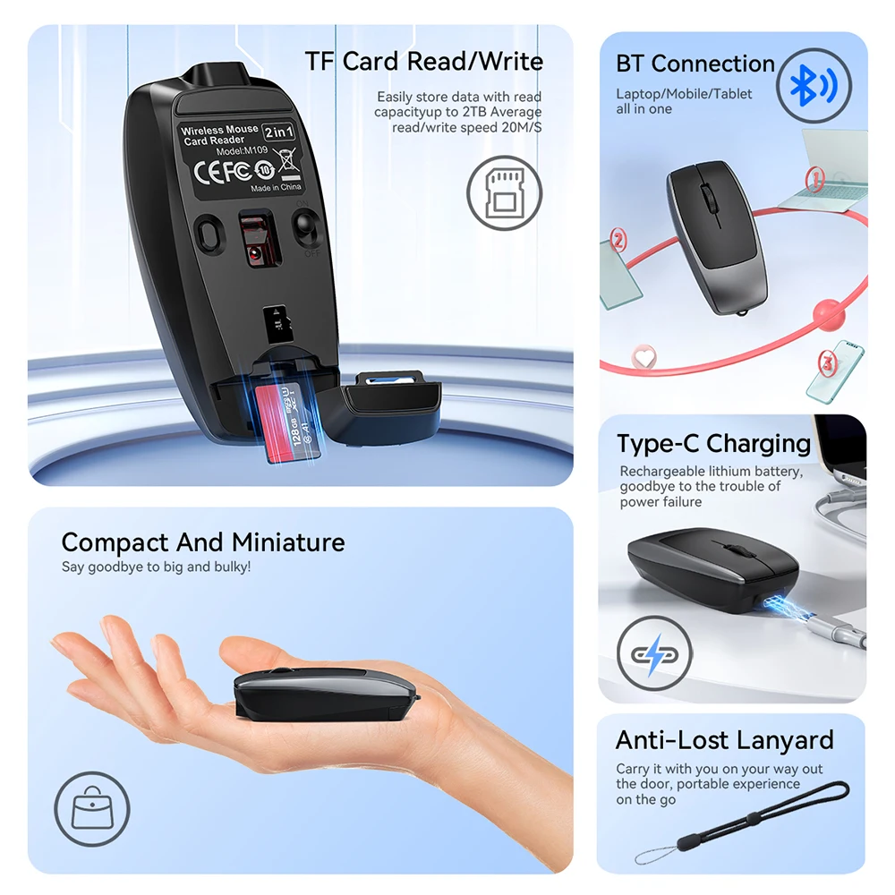 Rechargeable Mini Mouse With TF Card Reader Converter And Hanging Rope Type-C For Tablet Memory Extend Adapter Mini Mouse