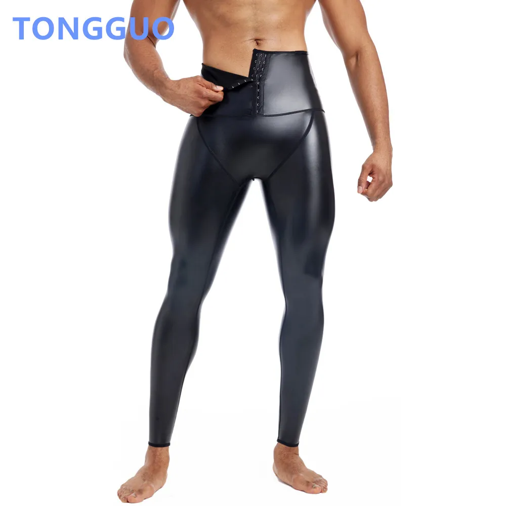 

Крутые модные тонкие эластичные кожаные брюки для фитнеса с высокой талией для мальчиков, тренажер для талии с 3 крючками, компрессионные кожаные брюки