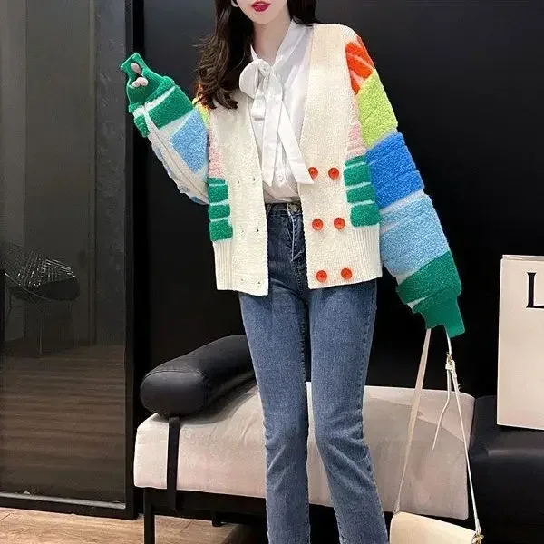 Rainbow Striped Knit Sweater Cardigan Women Double-breasted V-neck Jacket Coat Autumn Winter Long Sleeve Loose Stylish Tops 2023