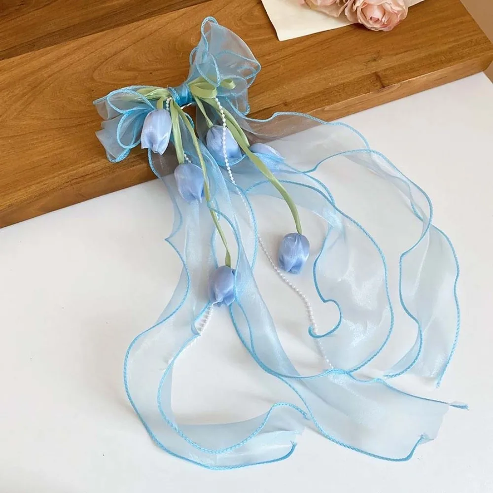 Fairy Style Tulip Hair Clips Mesh Ribbon French Luxury Muguet Flower Hairpin Chiffon Textured Pendant Tassel