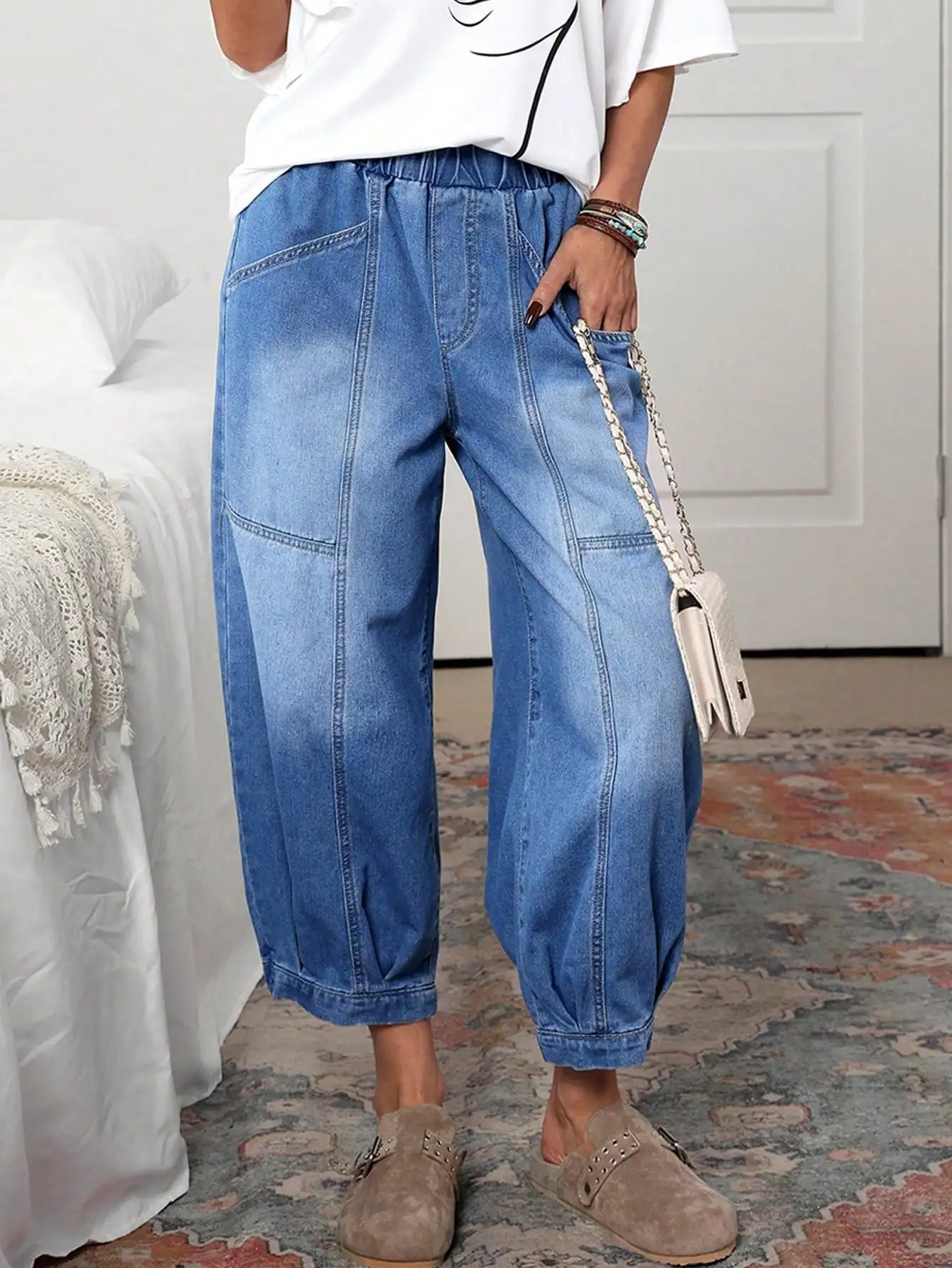 

Женские джинсы свободного кроя с эластичным поясом, широкими штанинами и карманами, повседневный укороченный стиль