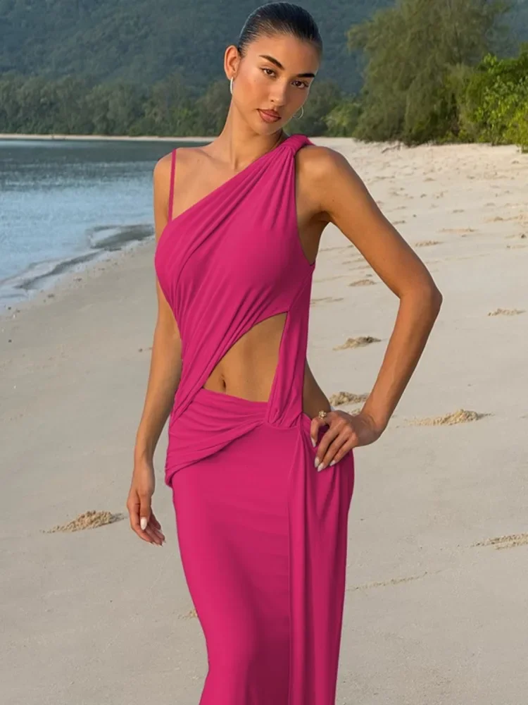 

One-shoulder Backless Sexy Maxi Dress Women Hollow Out Sleeveless High Waist Pleated Beach Club Party Long Dress