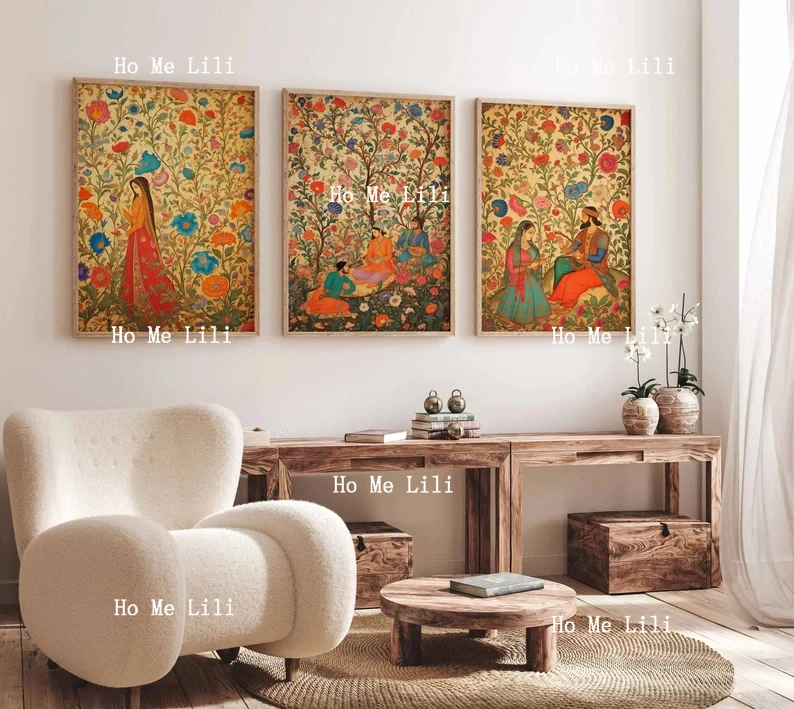 Indian Decor Floral Wall Art Vintage Cultural Art Wall Decoration Triplet Painting