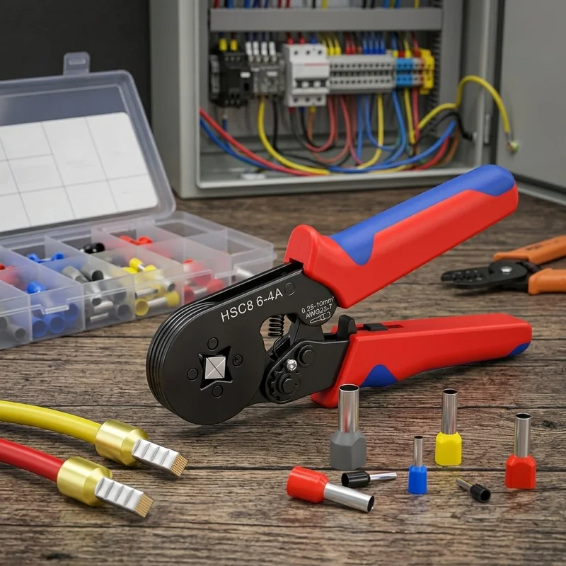 HSC8 6-4A Ferrule Crimping Pliers 0.25-10mm² 23-7AWG Self-Adjusting Ratchet Wire Terminal Crimper Electrician Tool