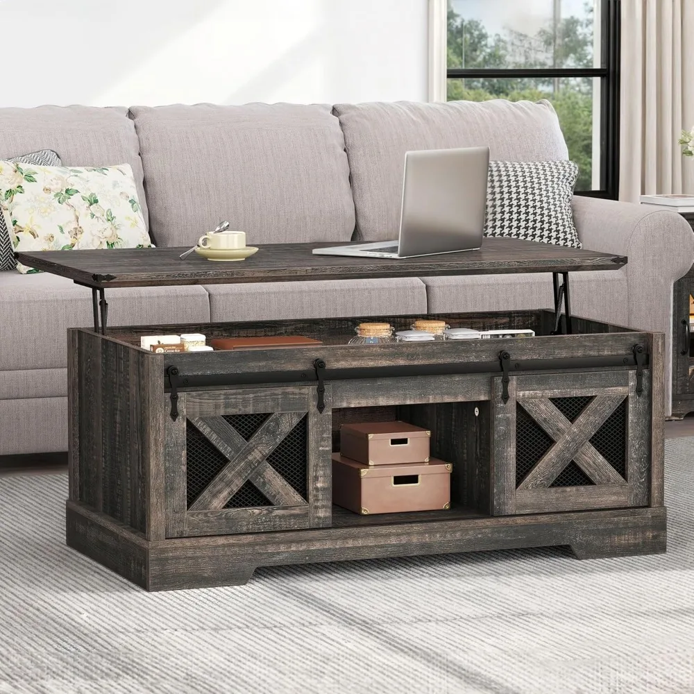 Lift Top Coffee Table with Storage & Sliding Groove Barn Door,Rustic Coffee Tables, Center Table , Dark Rustic Oak