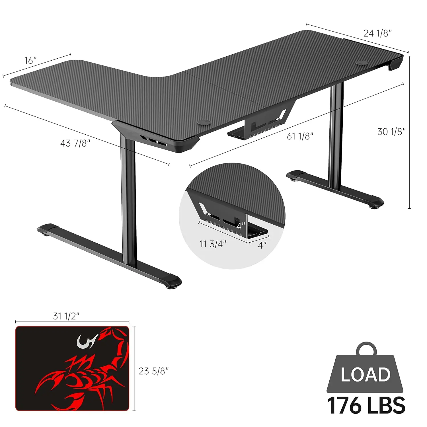 L-Shaped Gaming Desk, 60 Inch Right Corner Computer Workstation with Ergonomic Design, Black, Customized