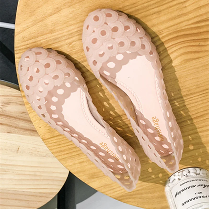 

Women Low Pricing PVC Jelly Shoes Hollow Breathable Daily Outdoor Casual Chaussure Pinkish Red Round Toe Maccasines Ballet Flats