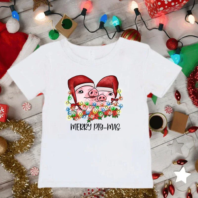 

Kawaii Christmas Pig Lights T-shirt Cute Animal Sloth Pig Clothes Short Sleeve T Shirt Merry Christmas Boys Girls Tshirt