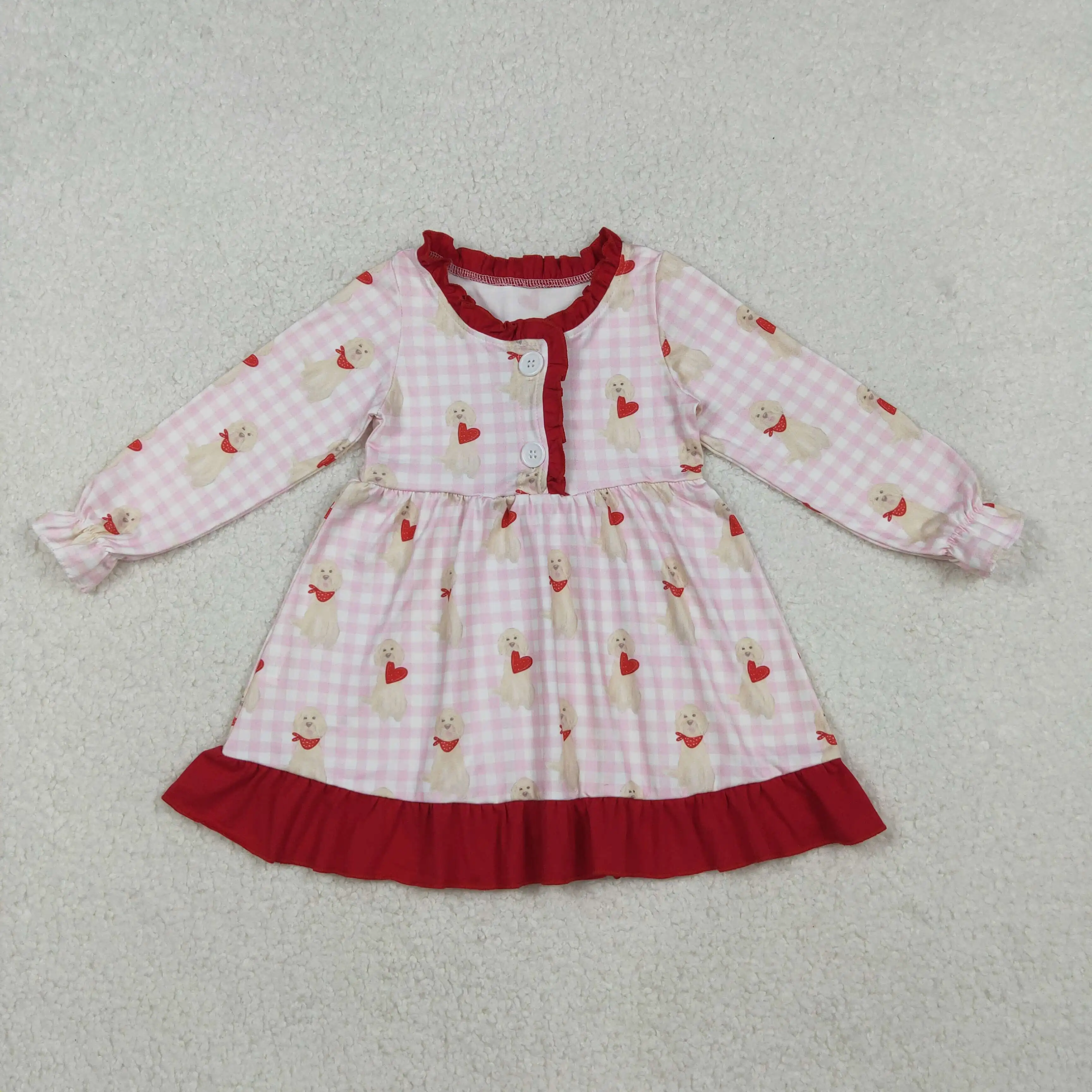 

Baby Girls Pink Valentine Knee-Length Dress Plaid Long Sleeves Ruffle Heart Button Checked Dogs Design Baby Girl's Outfit