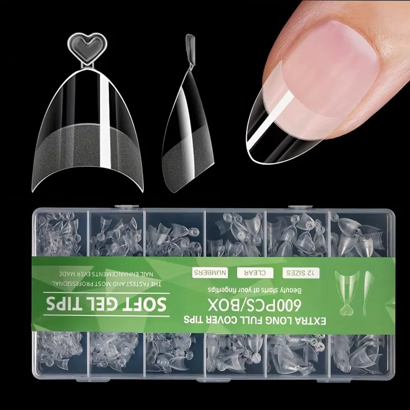 600 Pieces of French Short Nail Tips - Short Oval Fake Nails, 12 Sizes of Transparent Nail Tips with Box, Natural Half-Cover Fake Nails, Acrylic Fake Nails Suitable for Nail Salons and Home Use