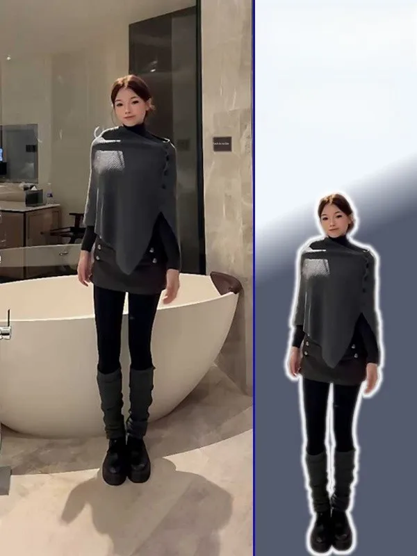 

plus Size Ele Asymmetrical ey Cloak oulder Wrap Base irt Skirt Set Women's Faion Autumn Winter Casual Outfit