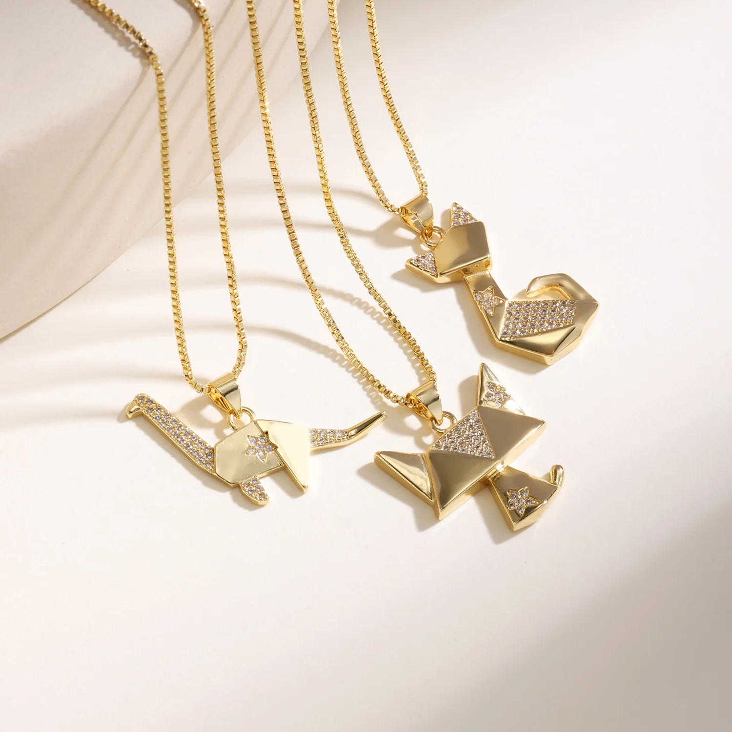 AIBEF Geometric Origami Animal Pendant Necklace Cubic Zirconia Cat Elephant Chain Necklaces Minimalist Cute Women Daily Jewelry