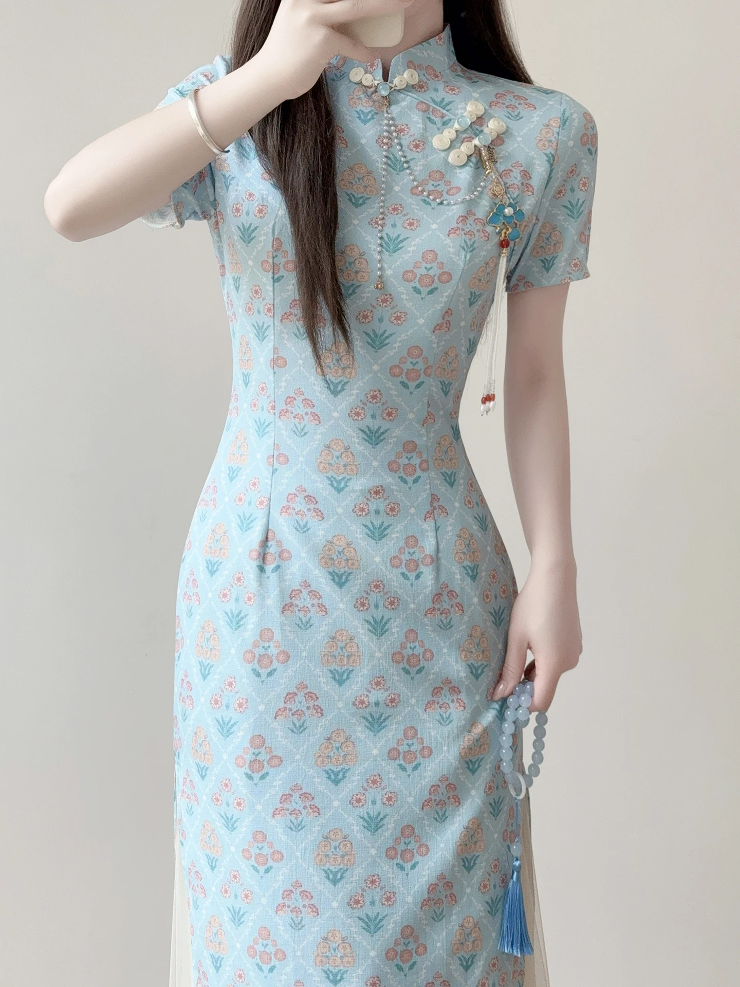 ting-yue-ling-新しい中国風チャイナドレス若い女の子の夏の通勤ドレス毎日通気性のある半袖花柄ミディドレス