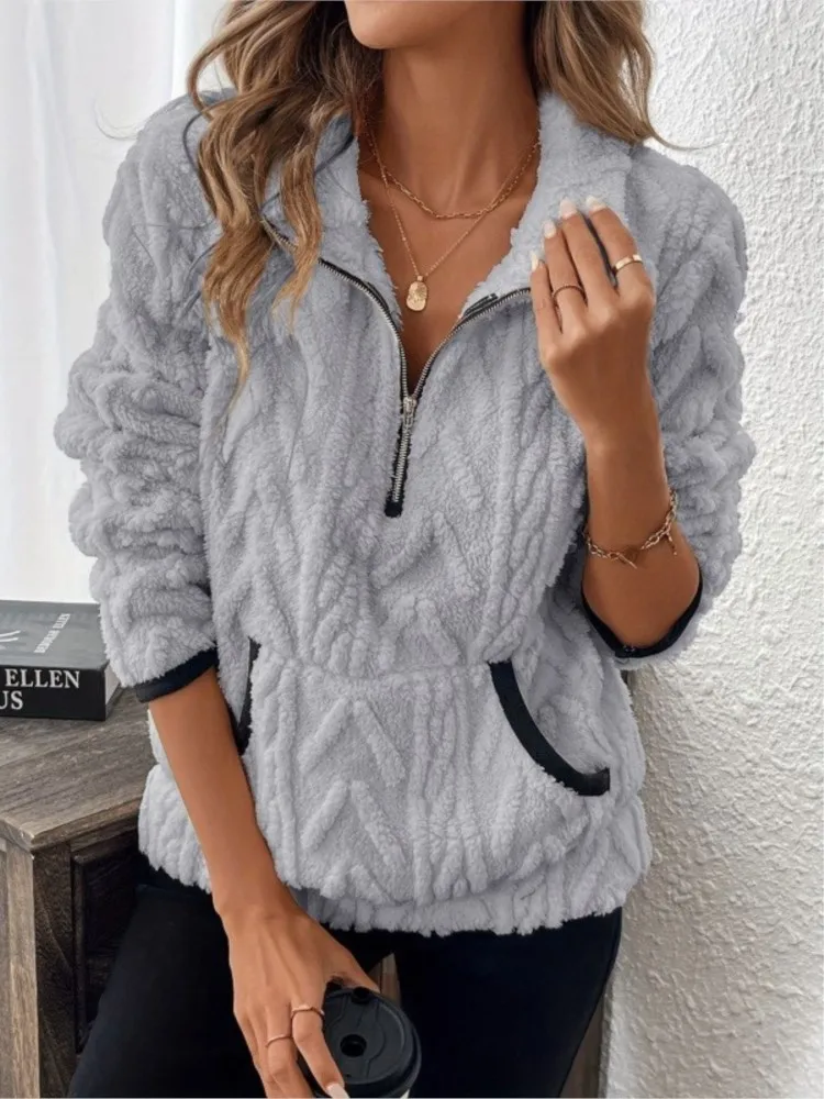 Casual Solid Color Half-open Collar Pullover Tops For Female Fashion Long Sleeves Pocket Sweatshirt Autumn Winter Ladies Hoodie
