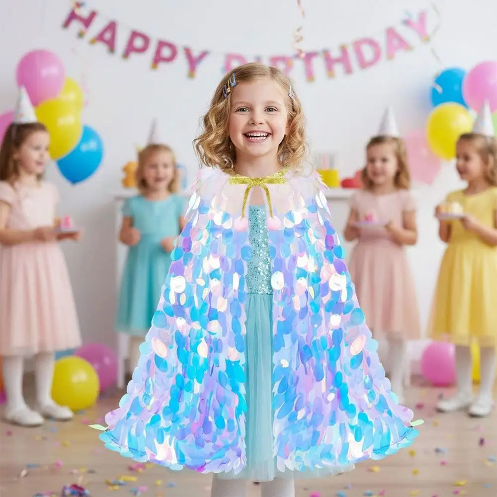 Cute Birthday Party Dress Up Mermaid Sequin Cape Dress Prop Gift Sequined Clothes Princess Sequins Shawl Children