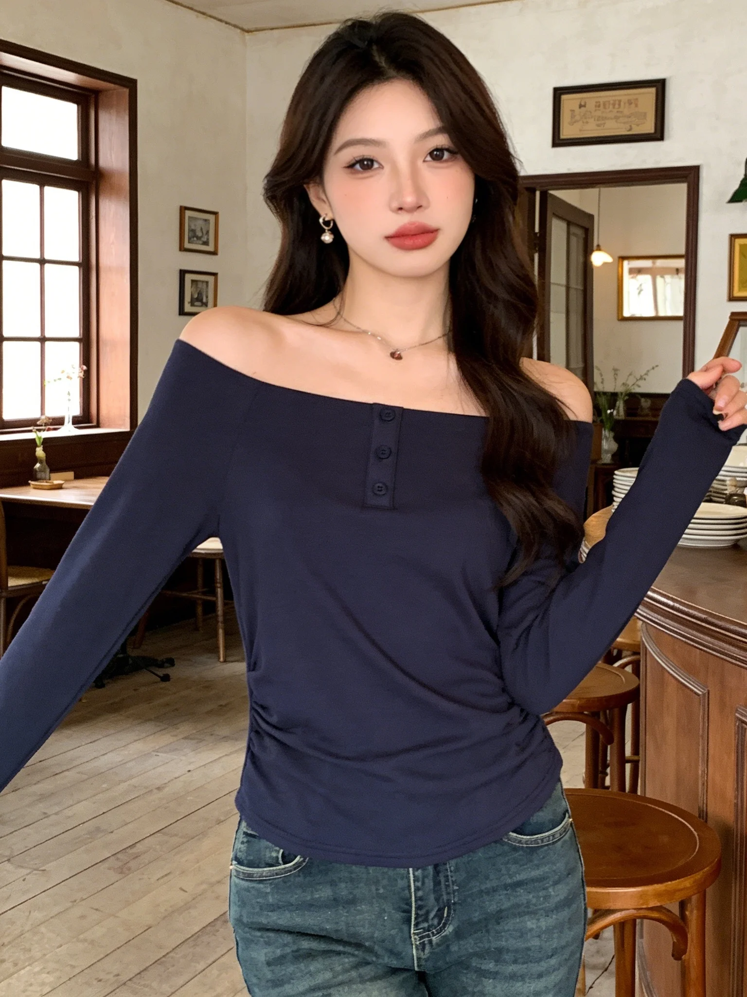 High Intelligence Cold Sensation One Shoulder Button Long Sleeve Knitted Sweater Women's Autumn New Style Pink Slim Short Top