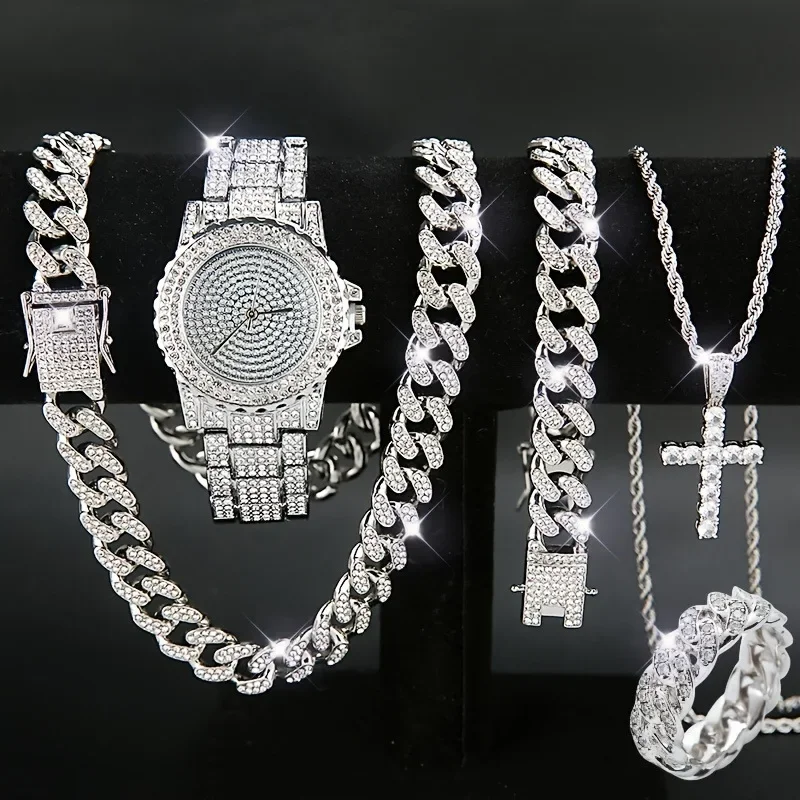 Men's Bling Jewelry Set: Gold Iced Out Watch + Cuban Link Chain + Bracelets + Cross Pendant Necklace + Ring, 5Pcs Hip Hop Set