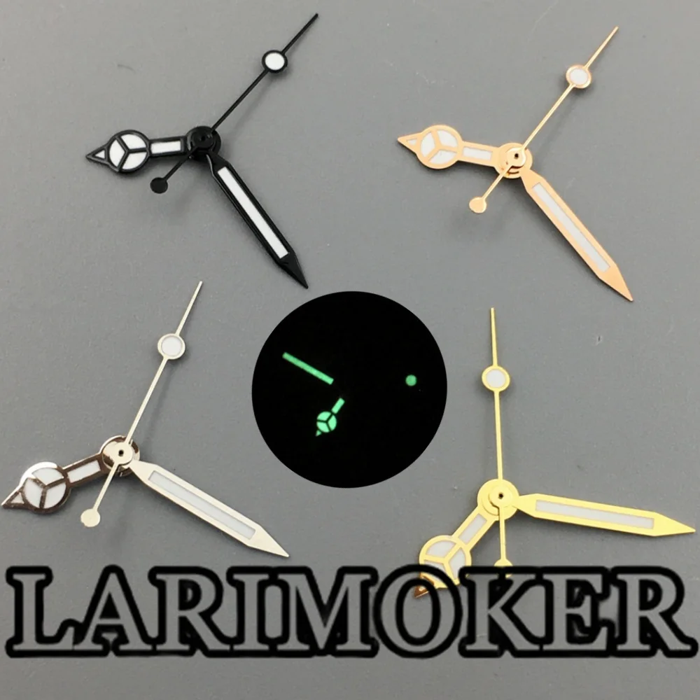 Manecillas de reloj LARIMOKER GMT, juego de manecillas GMT de oro rosa, negro, plateado, con luz verde C3, pieza de reloj de movimiento Rhonda 515