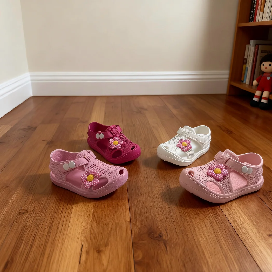 Girls Pink Sandals with Flower Decoration Hollow Out Closed Toe Toddler Shoes Summer Breathable Footwear