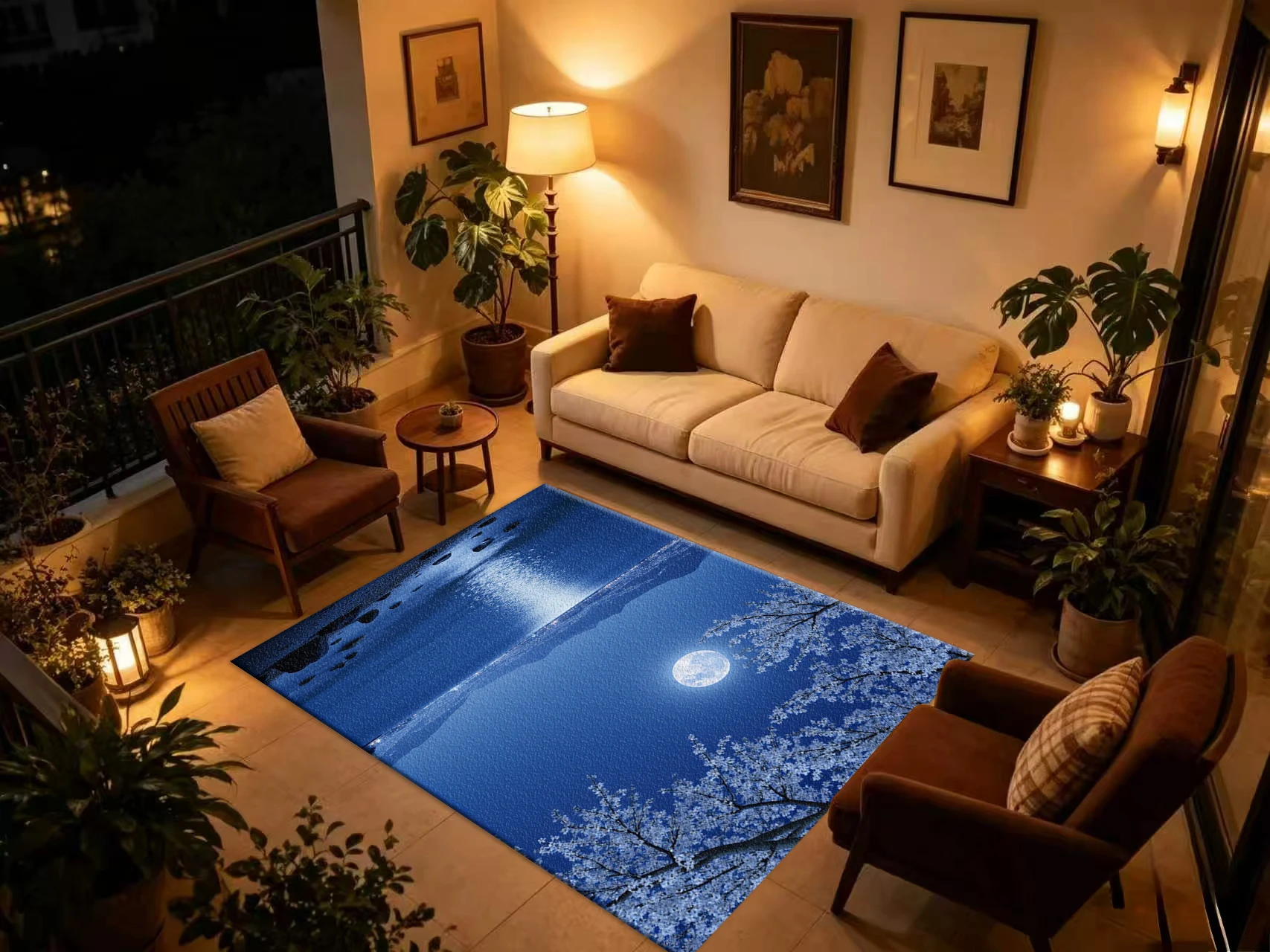 Moon Night Cherry Blossom Lake Landscape Carpet Flooring, Serene Scenery Non-Slip Area Rug for Living Room Bedroom Home Decor