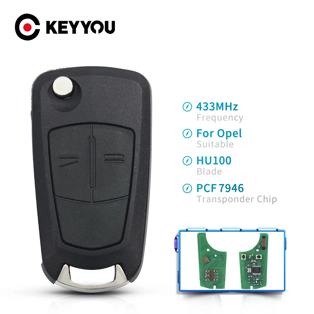 KEYYOU Flip Folding 2 Buttons Remote 433MHz Car Key Fob For Opel Vauxhal Zafira Astra h 2005-2009 With PCF7946 Chip HU100 Balde