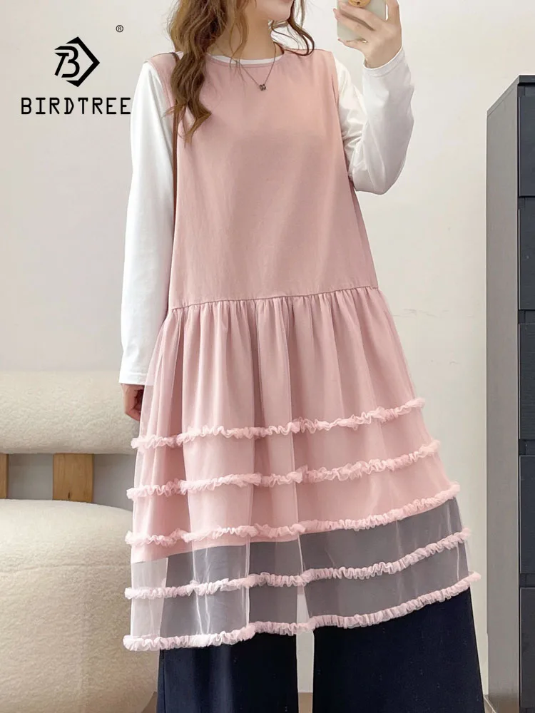 New 2026 Fall Women Cotton Sleeveless Vest Dresses, Ruffles Mesh Patchwork, Mori Girl Age Reduction Loose A-line Dress D68352CC
