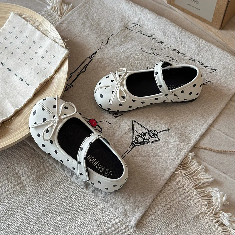 Girls Polka Dot Mary Jane Shoes Bow Princess Party Dress Footwear Soft Sole Casual Ballerinas Dancing Shoes Children's Day Gift