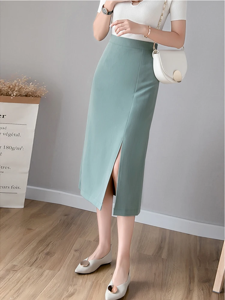 Autumn High Waist Pencil Skirt Women Streetwear Solid Bodycon Long Wrap Skirts Woman Sexy Side Slit Khaki Black Green Saias midi