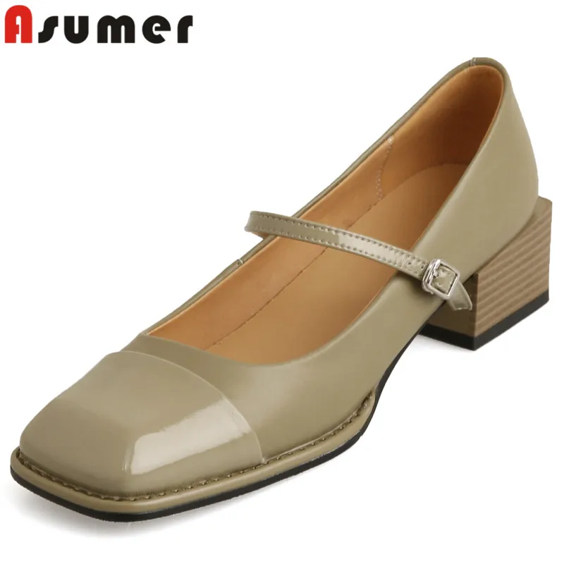 

ASUMER 2024 New Mary Janes Genuine Leather Shoes Square Toe Solid Ladies Dress Shoes Buckle Square Med Heels Pumps