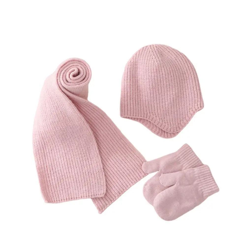 Winter Warm Baby Beanies Hat Gloves Scarf Three-piece Set 2023 New Child Solid Color Eear Protection Knitted Caps