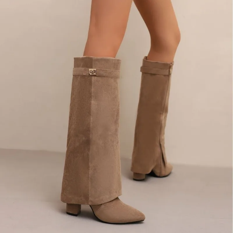 New Pointed Toe Big Tube Circumference Metal Buckle Long Boots Large Size Flock 9CM Square Heel Side Zipper Women Knee-High Boot
