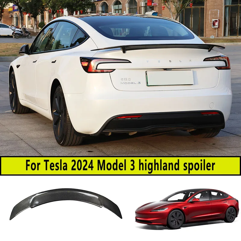 

For Tesla 2024 Model 3 highland True Carbon fiber Trunk Lid Spoiler Wing Tailgate Flap Trim Decklid Sports Spoiler Accessories