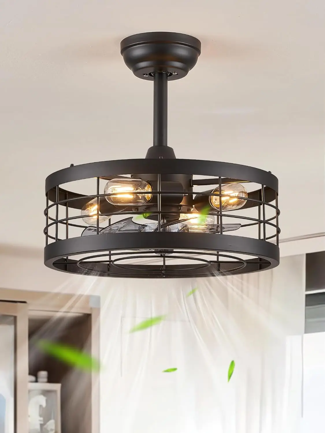 

16.5 inch Black Caged Ceiling Fan with Light, Bladeless Industrial Ceiling Fan with Remote, Farmhouse Fan Lights