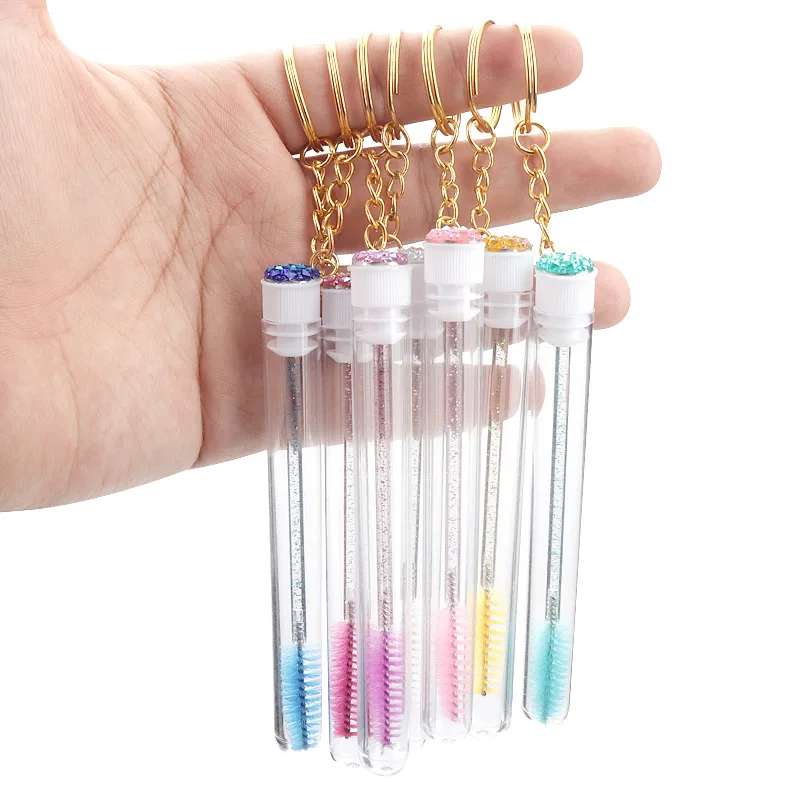 10pcs Tube Eyelash Brush With Gold Keychain Eyebrow Comb Holder Mascara Wand Applicator Lash Extension Micro Brushes Makeup Tool