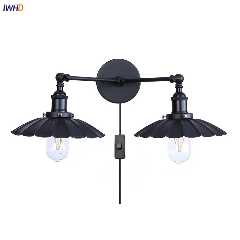 IWHD 2-heads Loft LED Wall Lights With Plug In Stair Light Fixtures Table Living Room Bedside Lamp Industrial Lamparas De pared