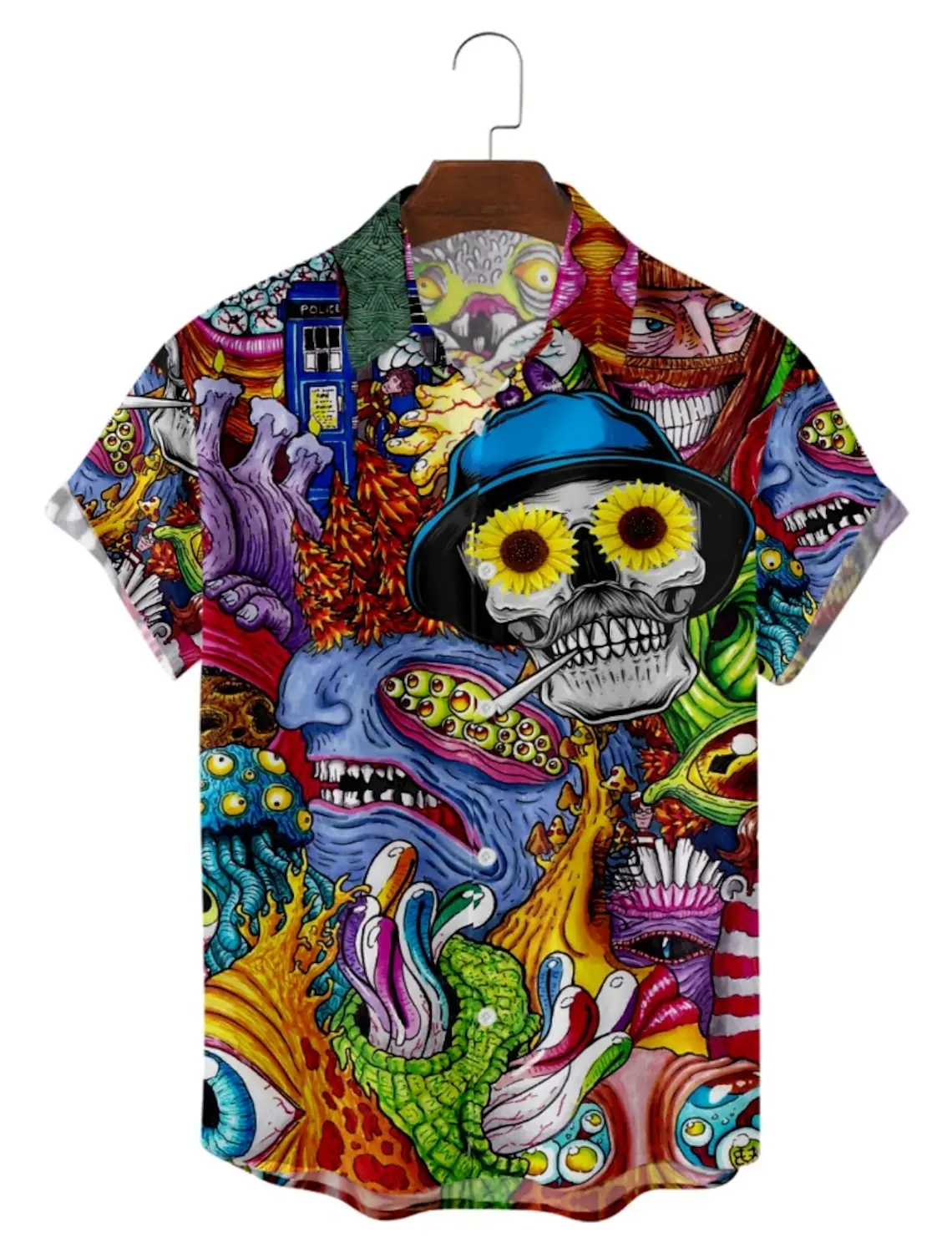 2024 Summer New Men's Personalized Design Skull Flower Print Casual Loose Shirt Beach Style Top Hawaiian Lapel Button Shirt