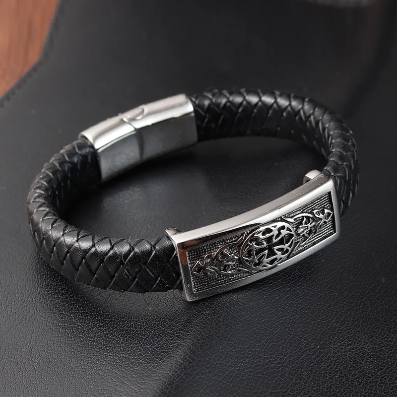 Black Color Cross Pattern Alloy Buckle Genuine Leather Bracelet For Men Stainless Steel Fine Jewelry Sculpture Bracelet