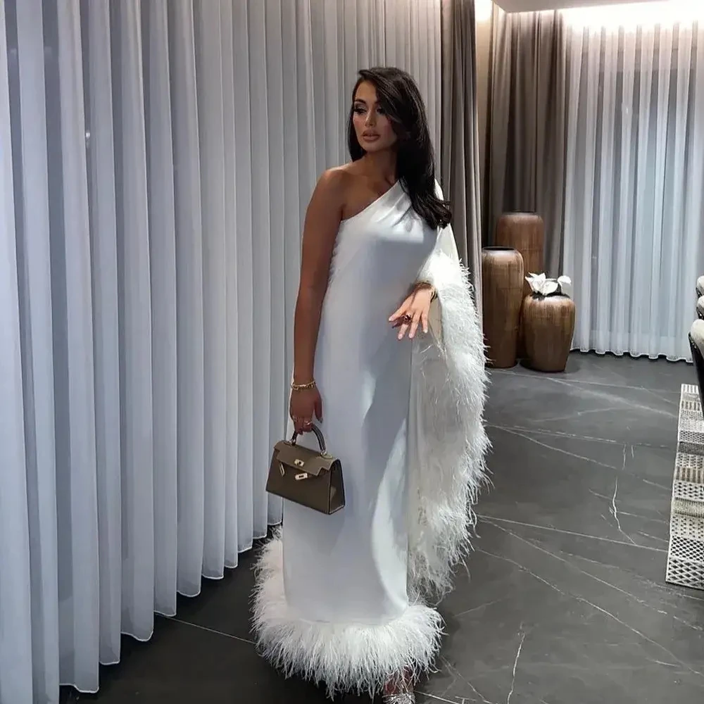 High Couture Long Party Dresses Women Feather One Shoulder Dubai Prom Gowns vestido de fiesta Luxury Prom Gown Ostrich Detail