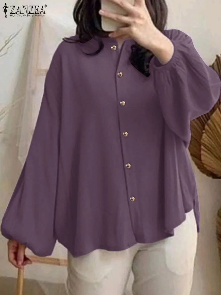 ZANZEA Fashion Muslim Blouse Women Long Sleeve Shirt Autumn Blouses Vintage Buttons Work Tops Abaya Kaftan Solid Islam Clothing