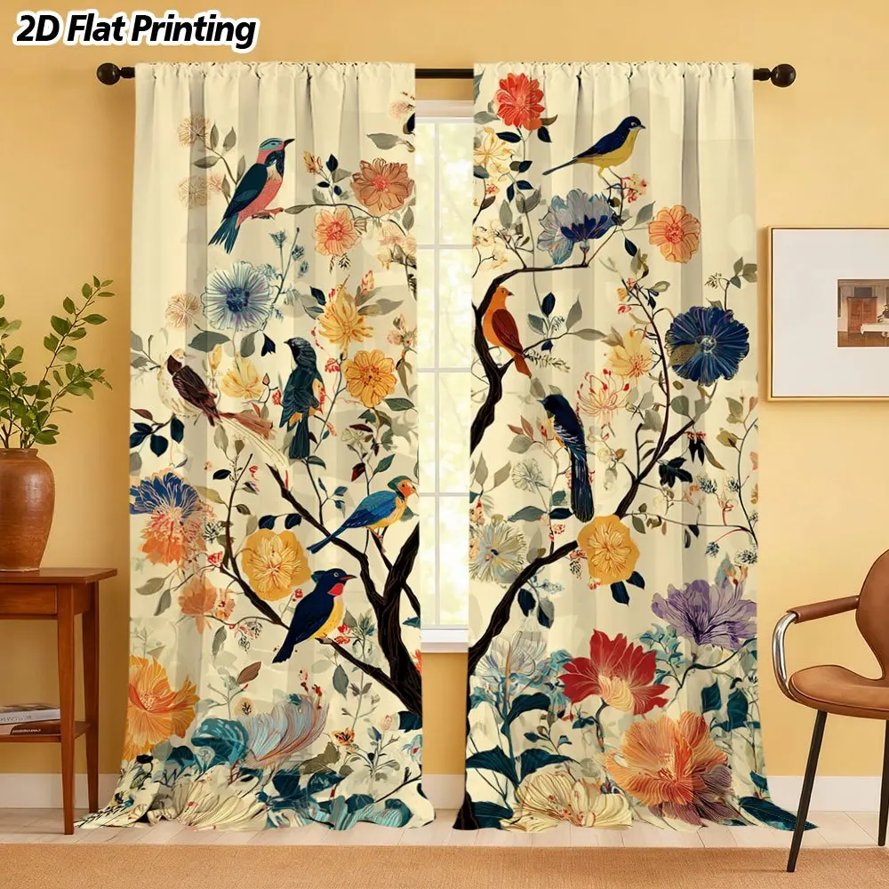 2pcs modern semi transparent bird and blooming tree curtains - suitable for rooms, living rooms, bedrooms - machine washable pol