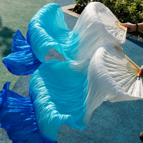 Velos de seda chinos de alta calidad para mujer, par de fanáticos de la danza del vientre, oferta barata, 2 piezas, blanco, azul cielo y azul