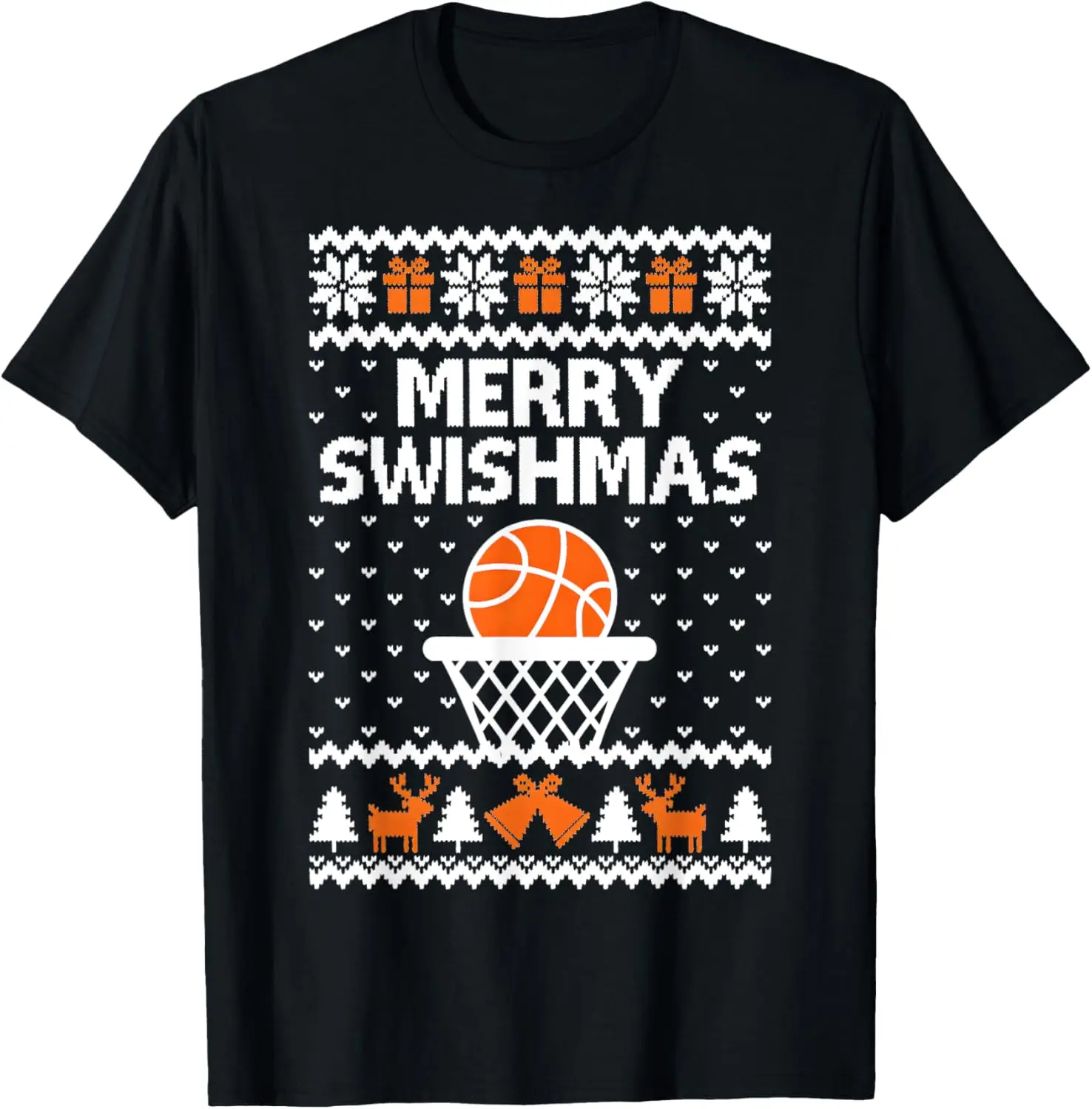 

Merry Swishmas X-Mas Basketball Ugly Christmas Sweater T-Shirt 100% Cotton O-Neck Short Sleeve Summer Casual Mens T-shirt